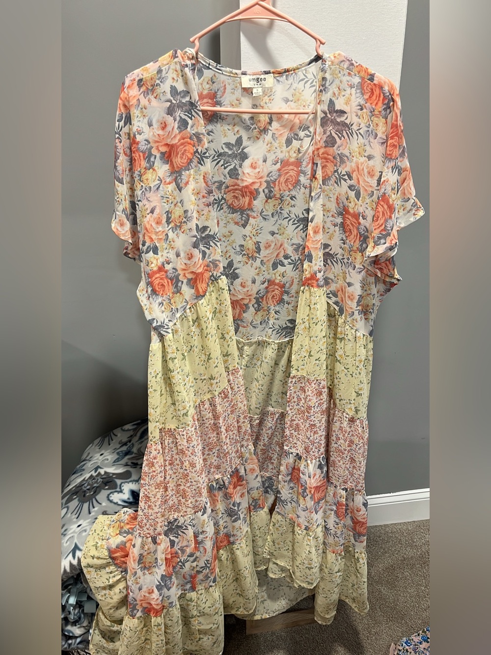 Umgee Floral Tiered Kimono - Cream, Coral & Yellow